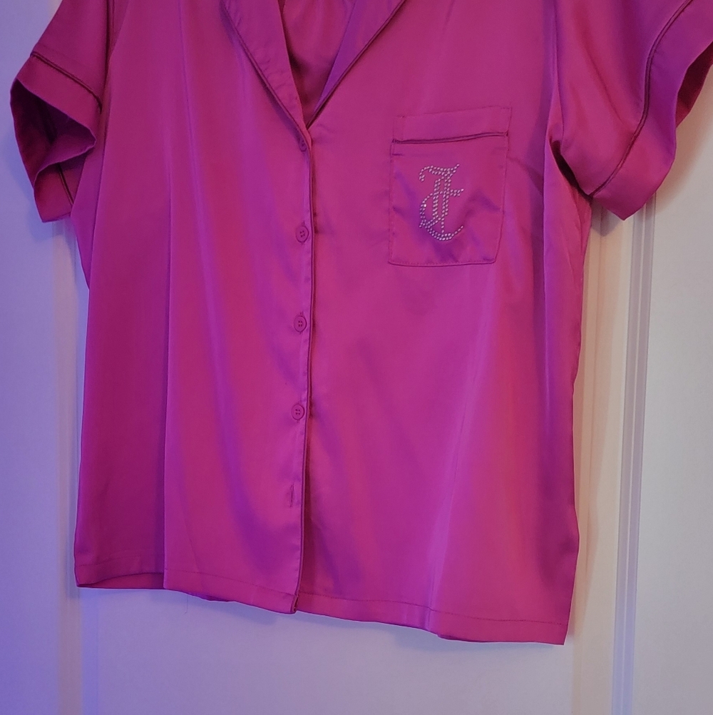 JUICY COUTURE Hot Pink Silky Button-Up Shirt W shorts Embellished PJ SET SIZE L